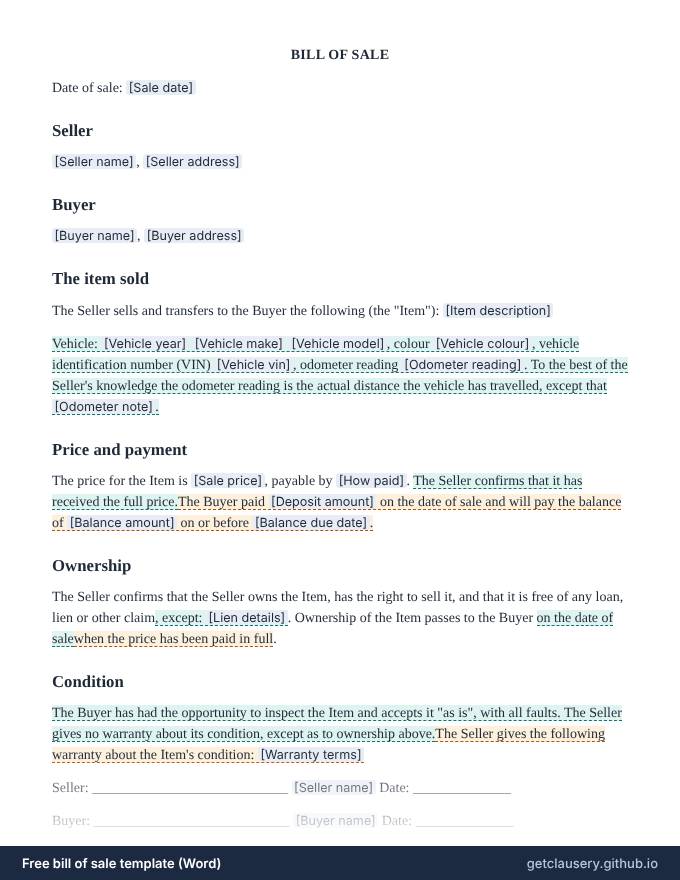 First page of the free bill of sale template for Word