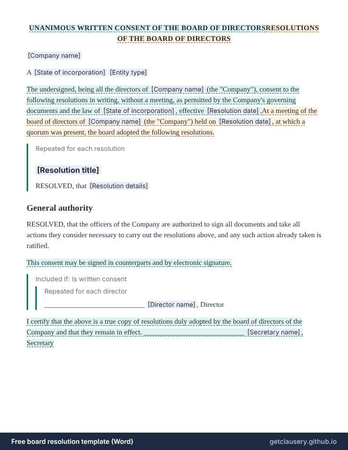 First page of the free board resolution template for Word