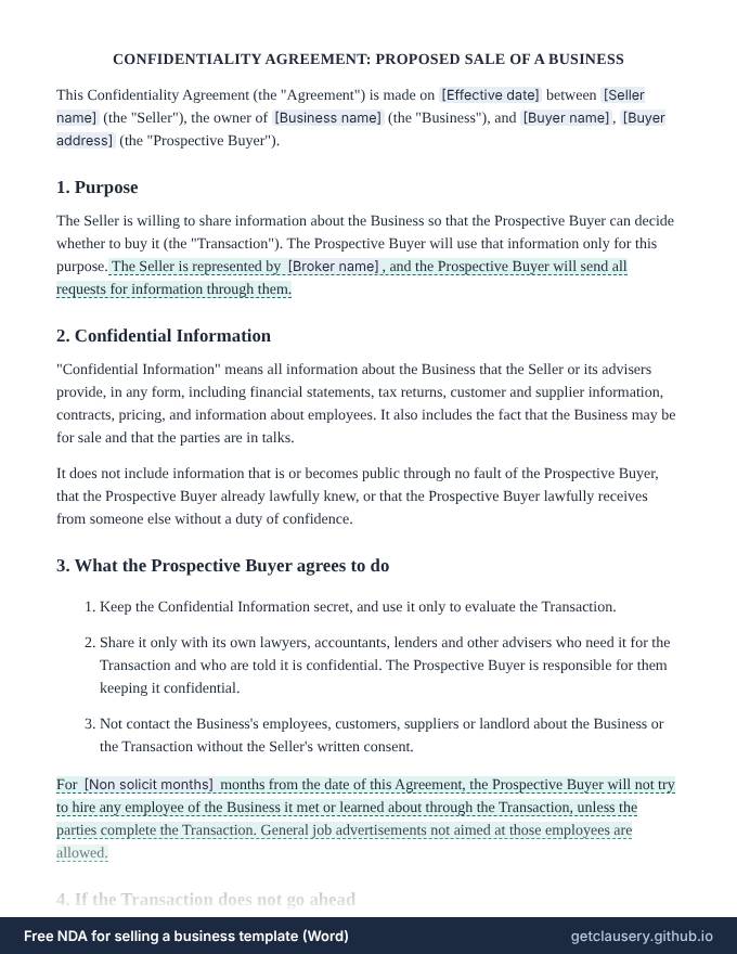 First page of the free NDA for selling a business template for Word