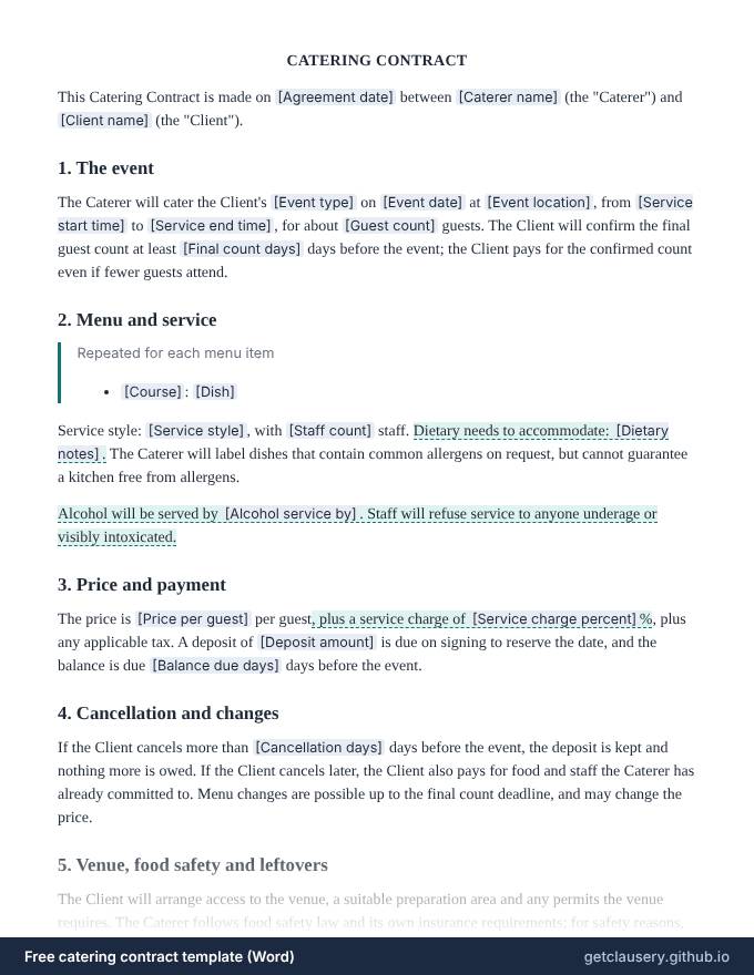 First page of the free catering contract template for Word