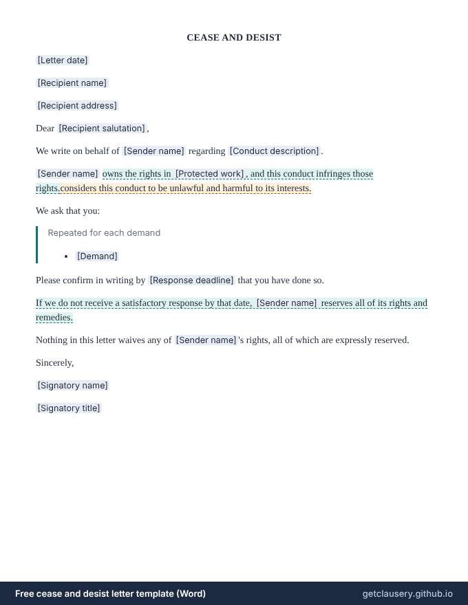 First page of the free cease and desist letter template for Word