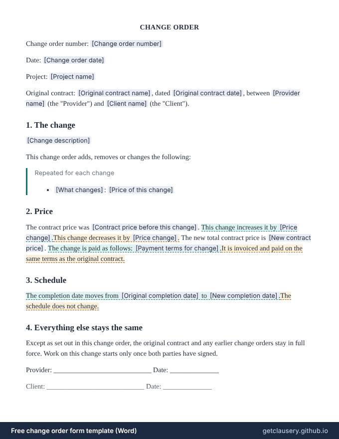 First page of the free change order form template for Word
