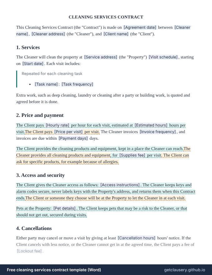 First page of the free cleaning services contract template for Word