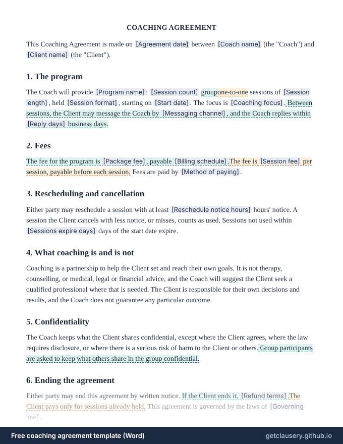First page of the free coaching agreement template for Word