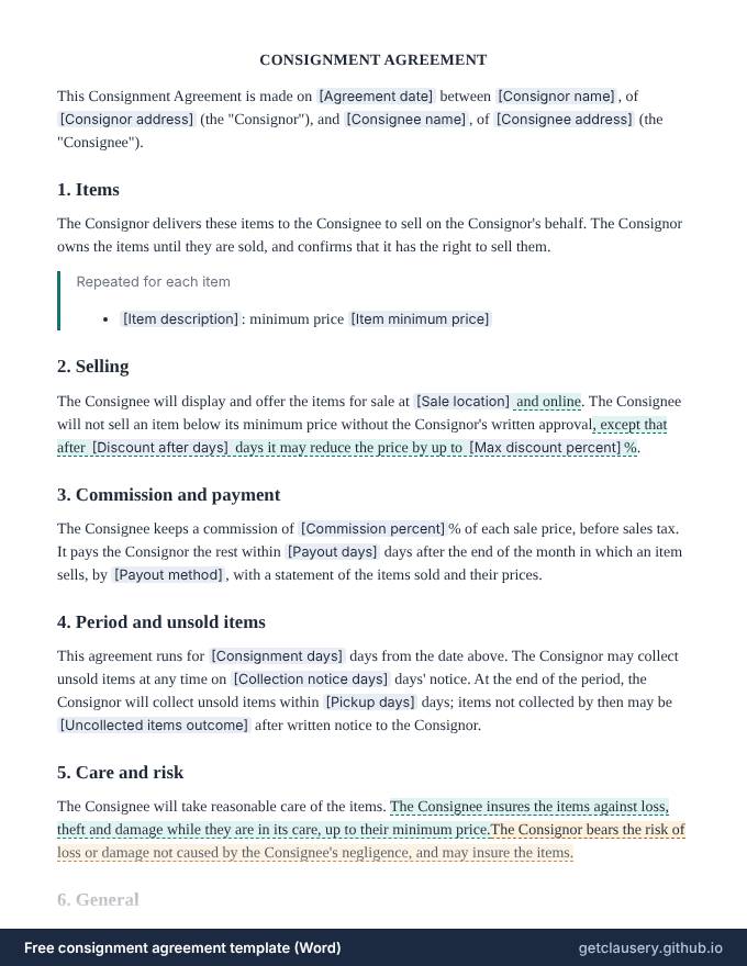 First page of the free consignment agreement template for Word