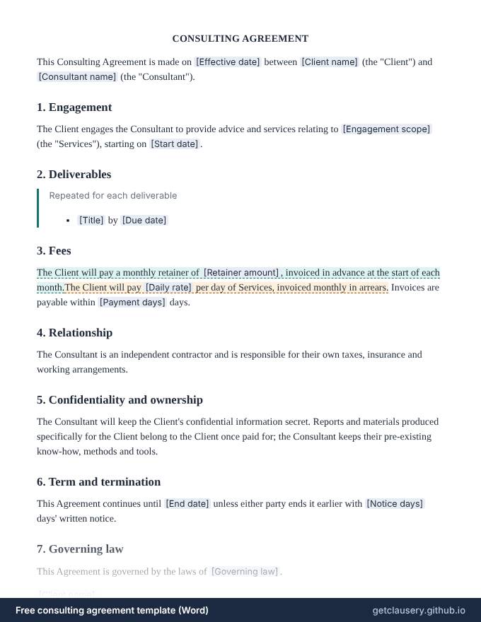 First page of the free consulting agreement template for Word