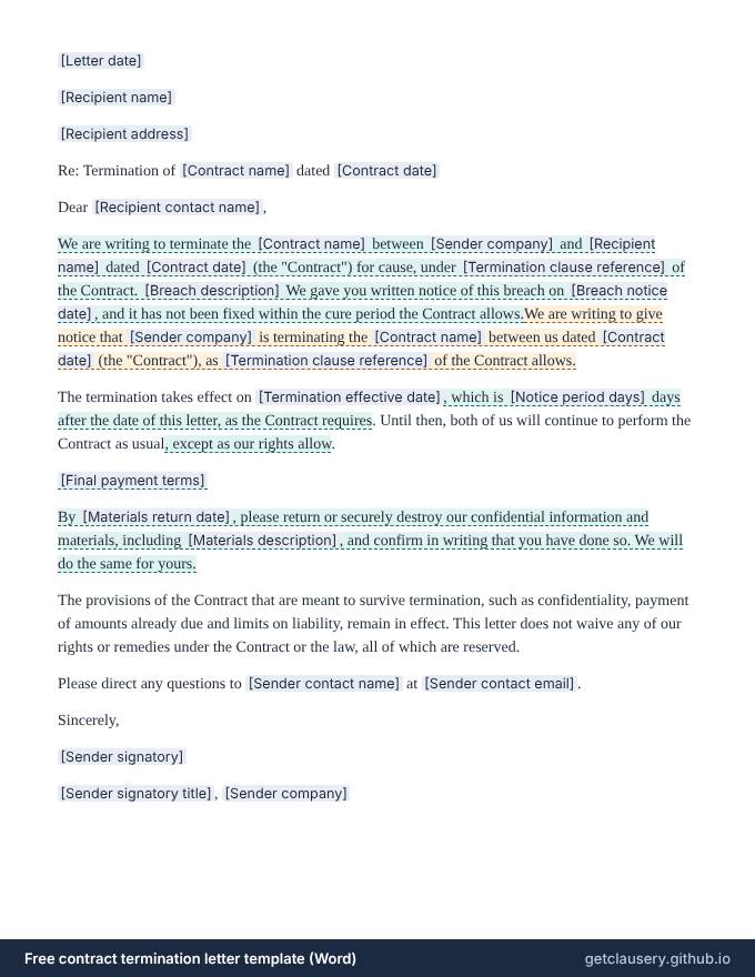First page of the free contract termination letter template for Word