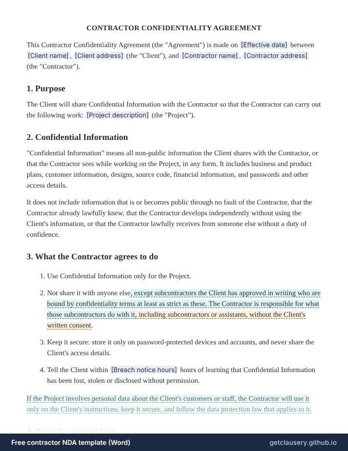 First page of the free contractor NDA template for Word