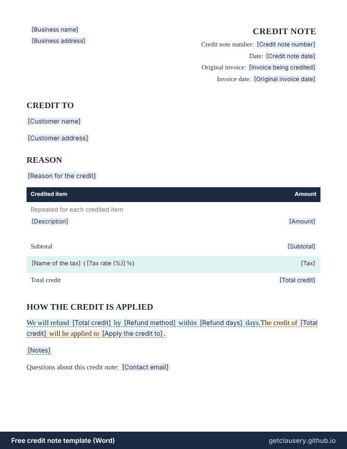 First page of the free credit note template for Word