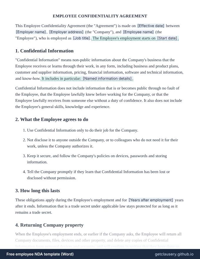 First page of the free employee NDA template for Word