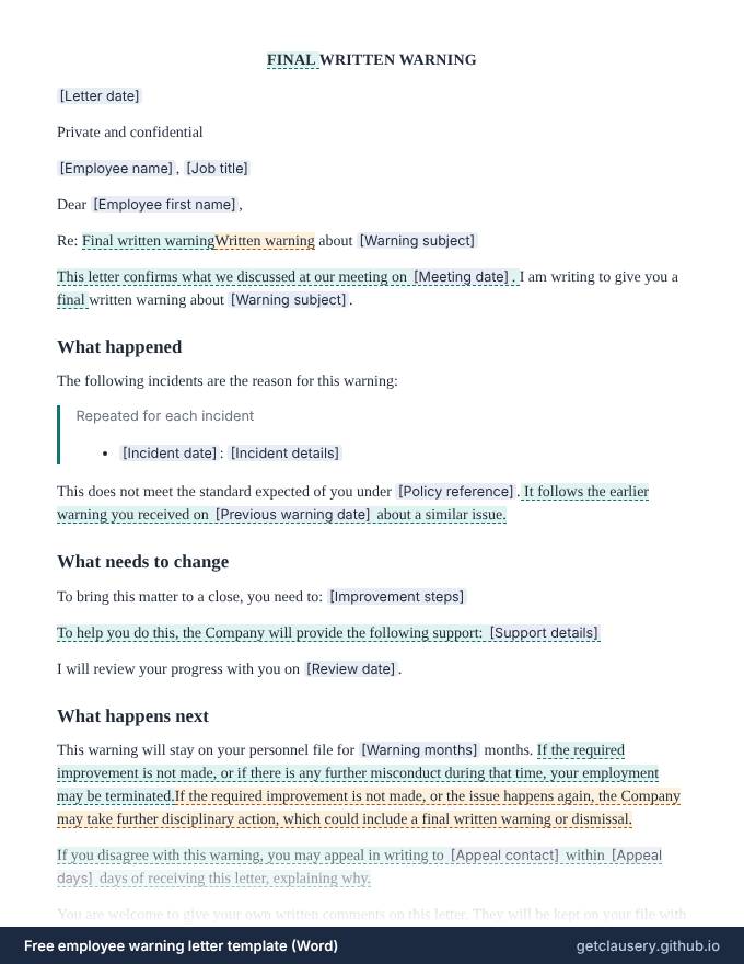 First page of the free employee warning letter template for Word