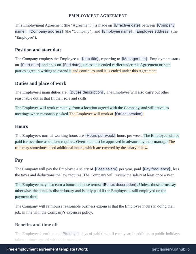 First page of the free employment agreement template for Word