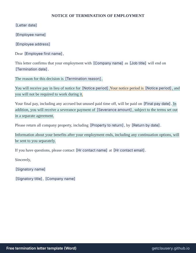 First page of the free termination letter template for Word