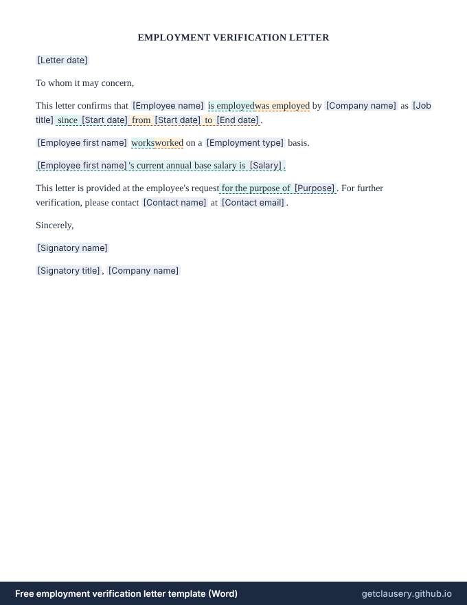 First page of the free employment verification letter template for Word