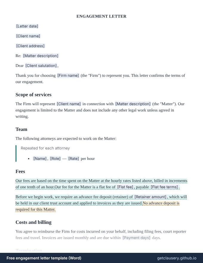 First page of the free engagement letter template for Word