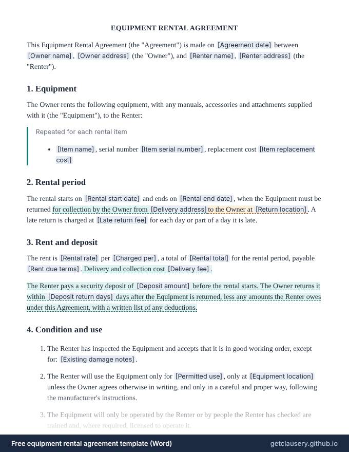 First page of the free equipment rental agreement template for Word