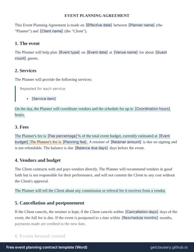 First page of the free event planning contract template for Word