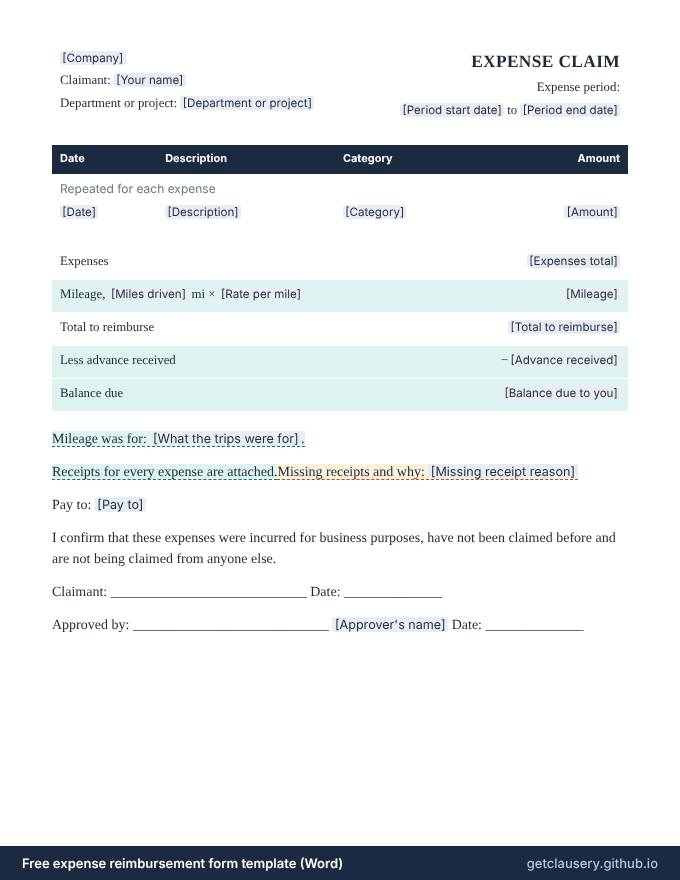 First page of the free expense reimbursement form template for Word