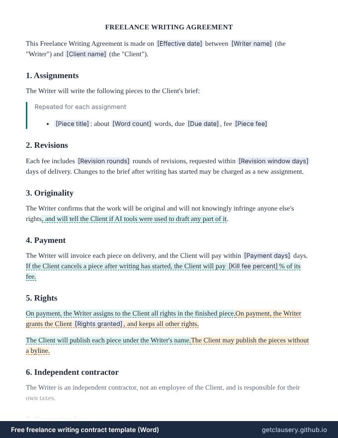 First page of the free freelance writing contract template for Word