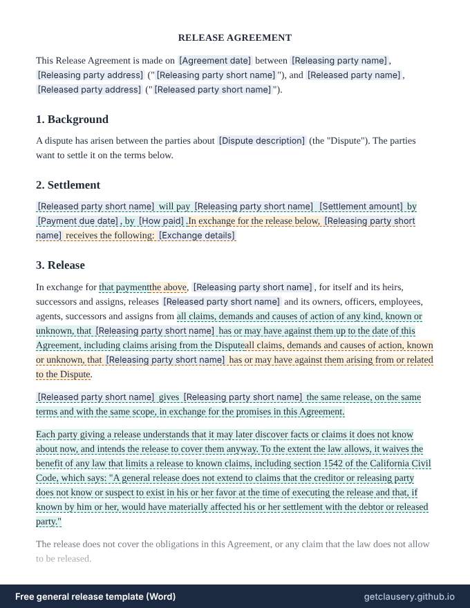 First page of the free general release template for Word