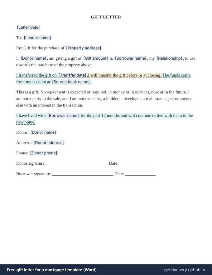 First page of the free gift letter for a mortgage template for Word