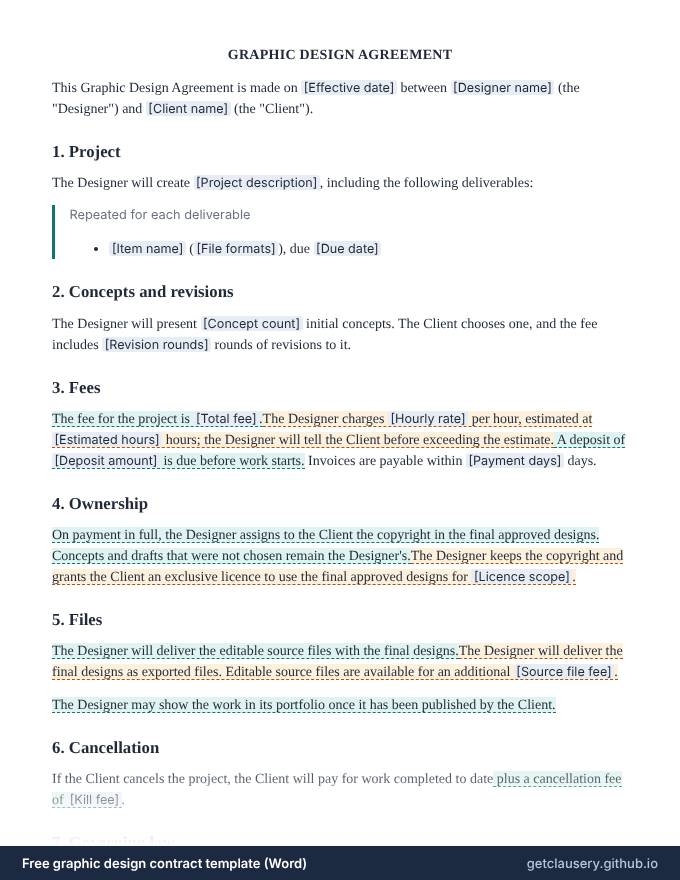 First page of the free graphic design contract template for Word