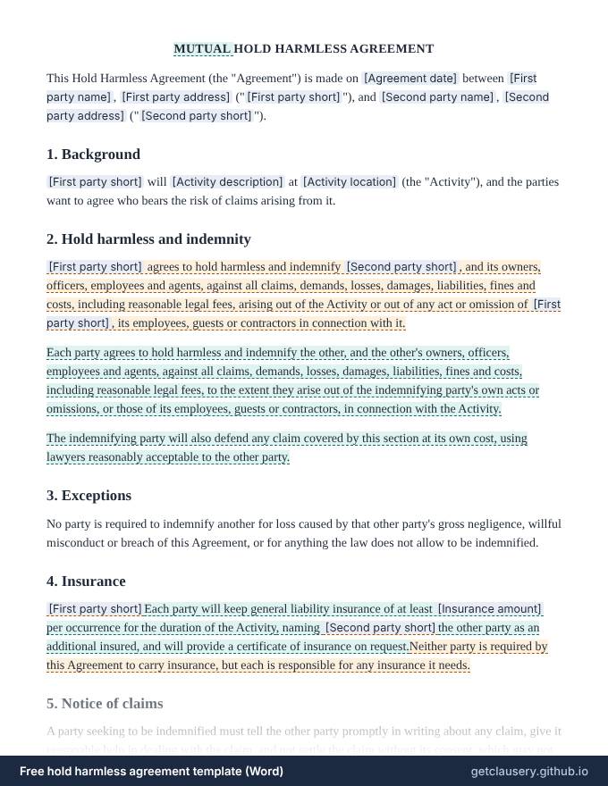 First page of the free hold harmless agreement template for Word