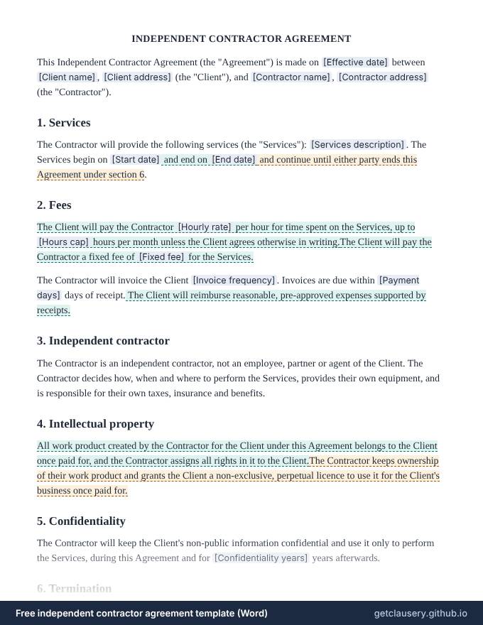 First page of the free independent contractor agreement template for Word