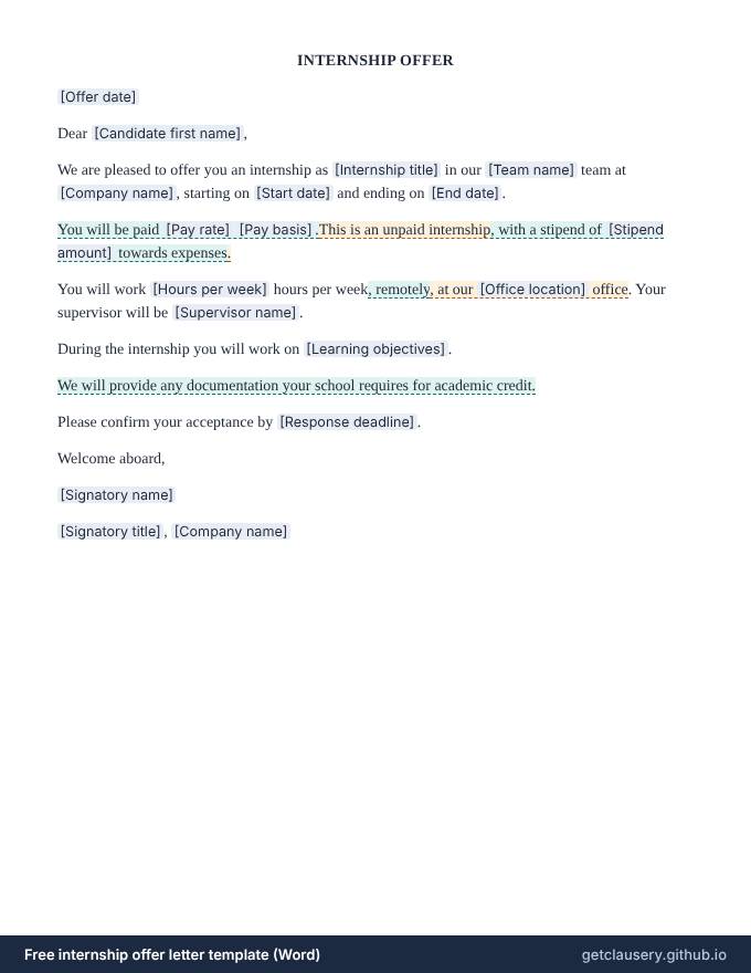 First page of the free internship offer letter template for Word