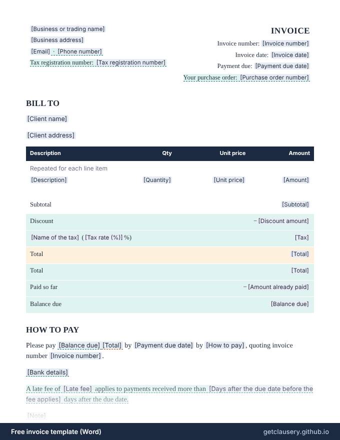 First page of the free invoice template for Word