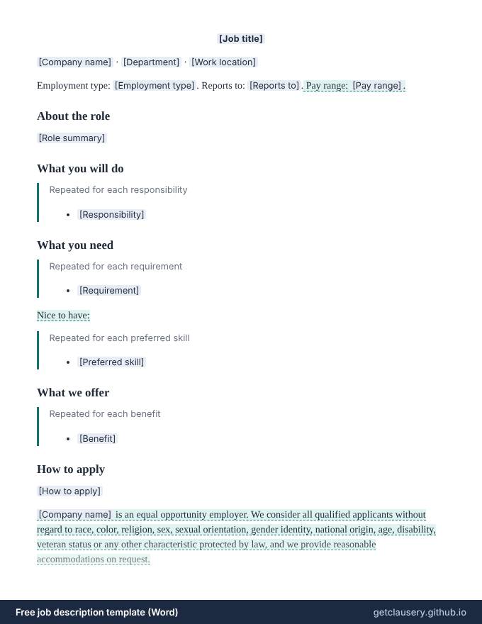 First page of the free job description template for Word