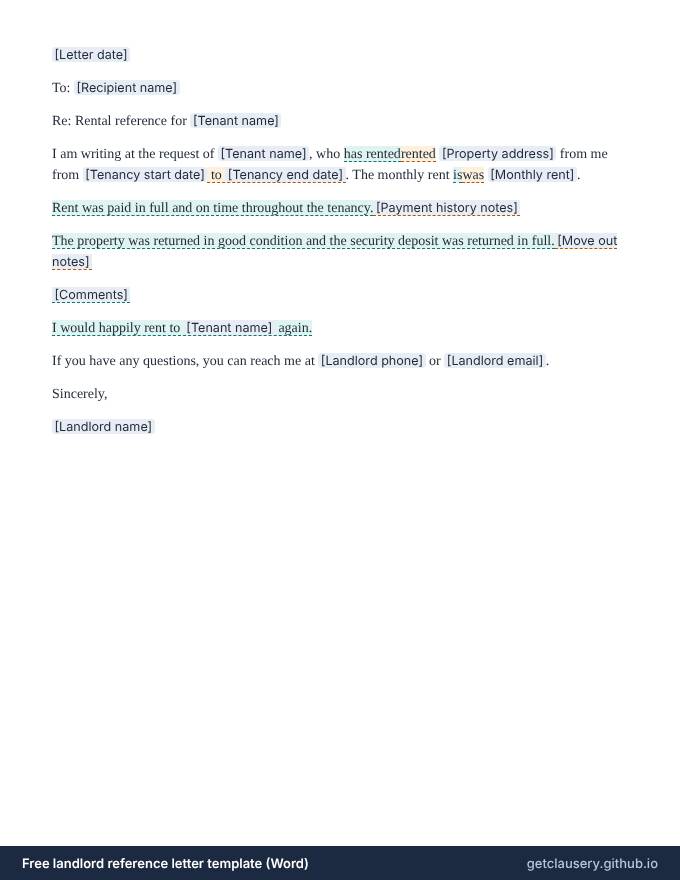 First page of the free landlord reference letter template for Word