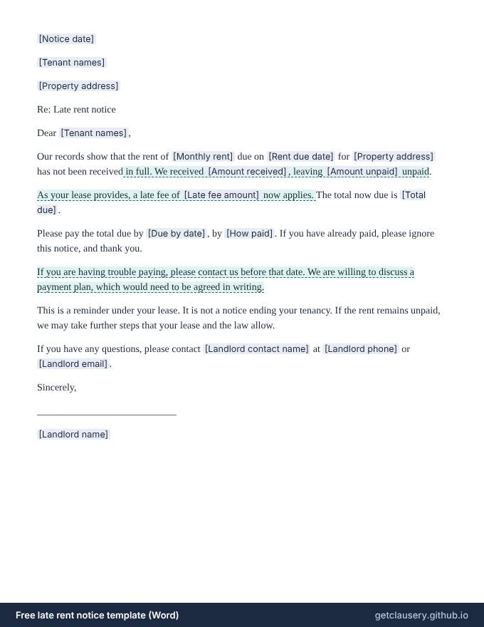 First page of the free late rent notice template for Word