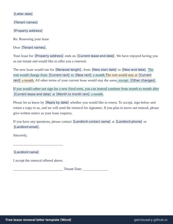 First page of the free lease renewal letter template for Word