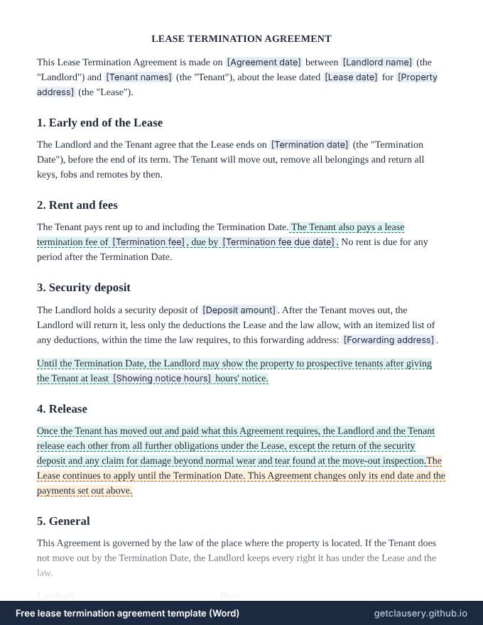 First page of the free lease termination agreement template for Word