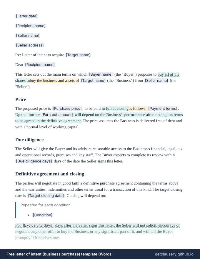 First page of the free letter of intent (business purchase) template for Word