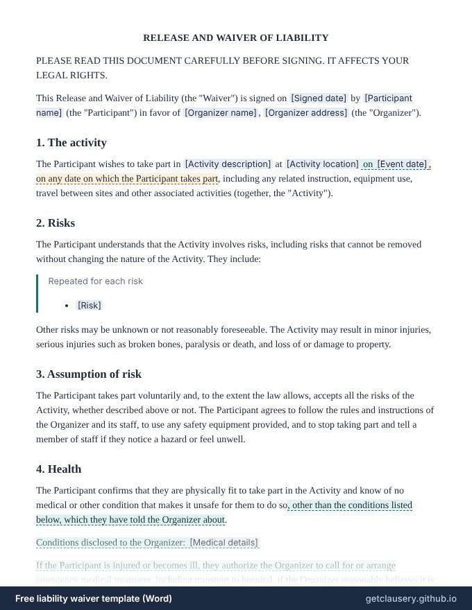 First page of the free liability waiver template for Word