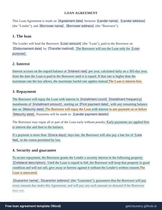 First page of the free loan agreement template for Word
