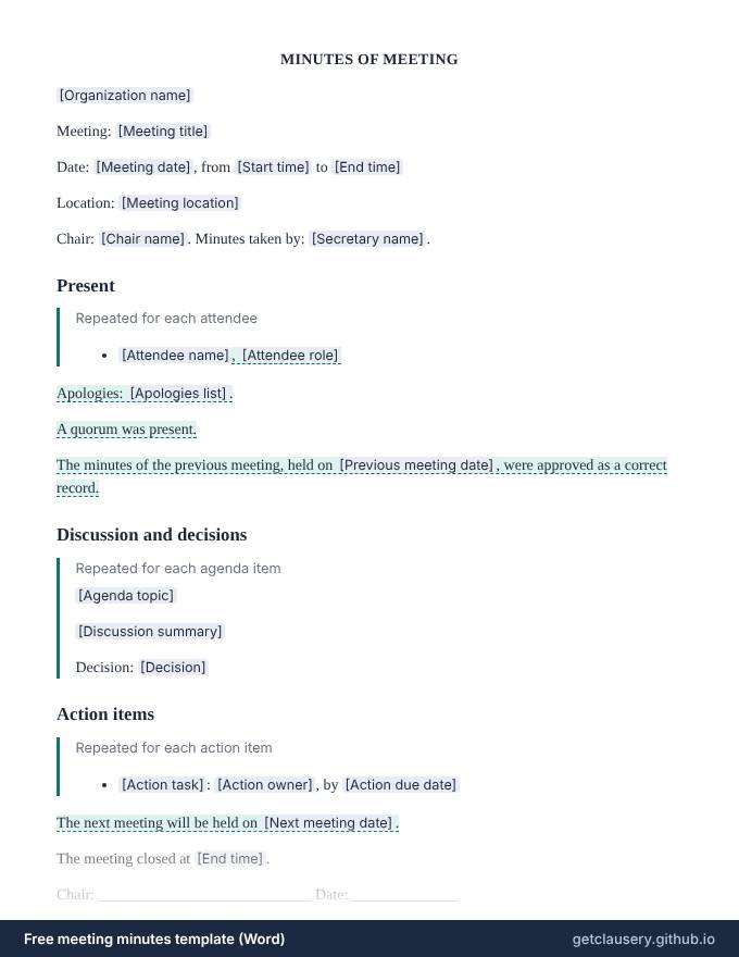 First page of the free meeting minutes template for Word
