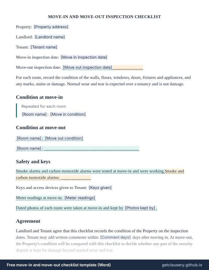 First page of the free move-in and move-out checklist template for Word