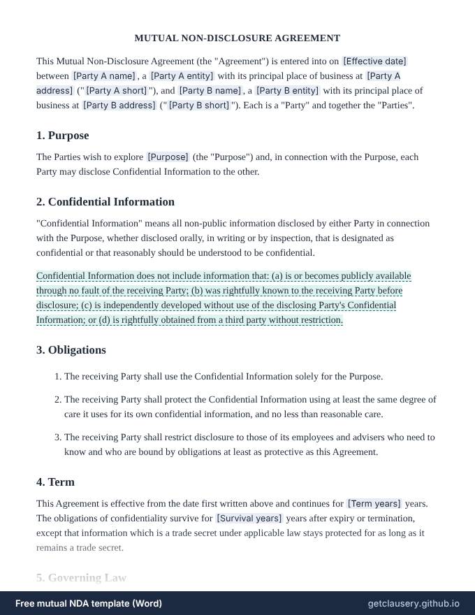 First page of the free mutual NDA template for Word