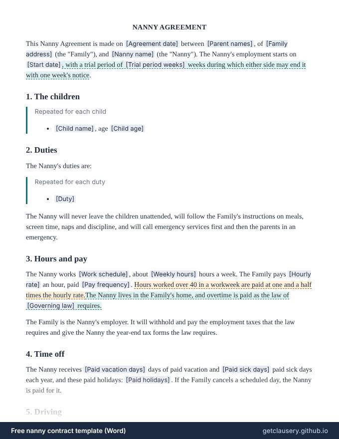 First page of the free nanny contract template for Word