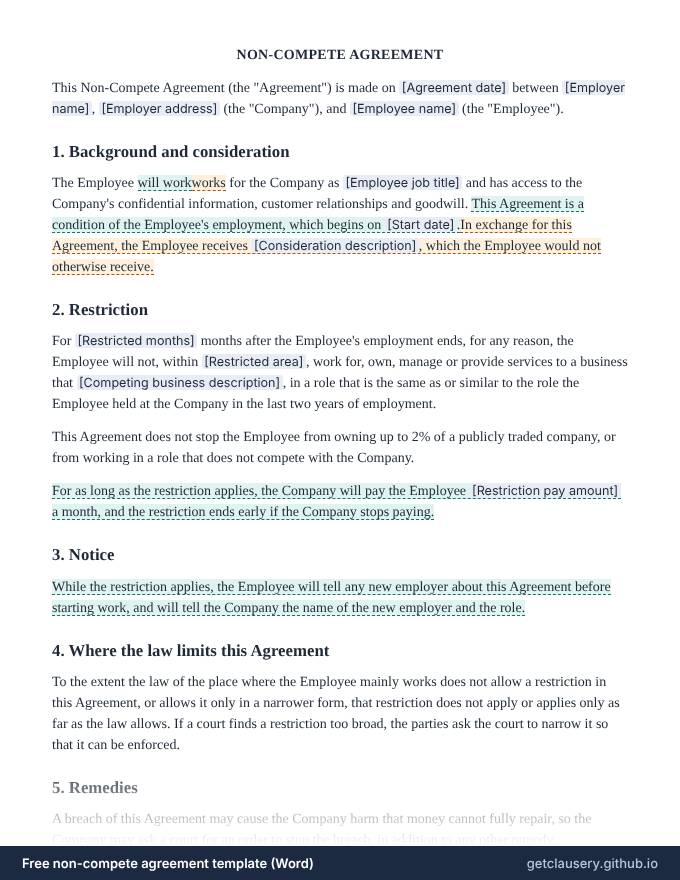 First page of the free non-compete agreement template for Word