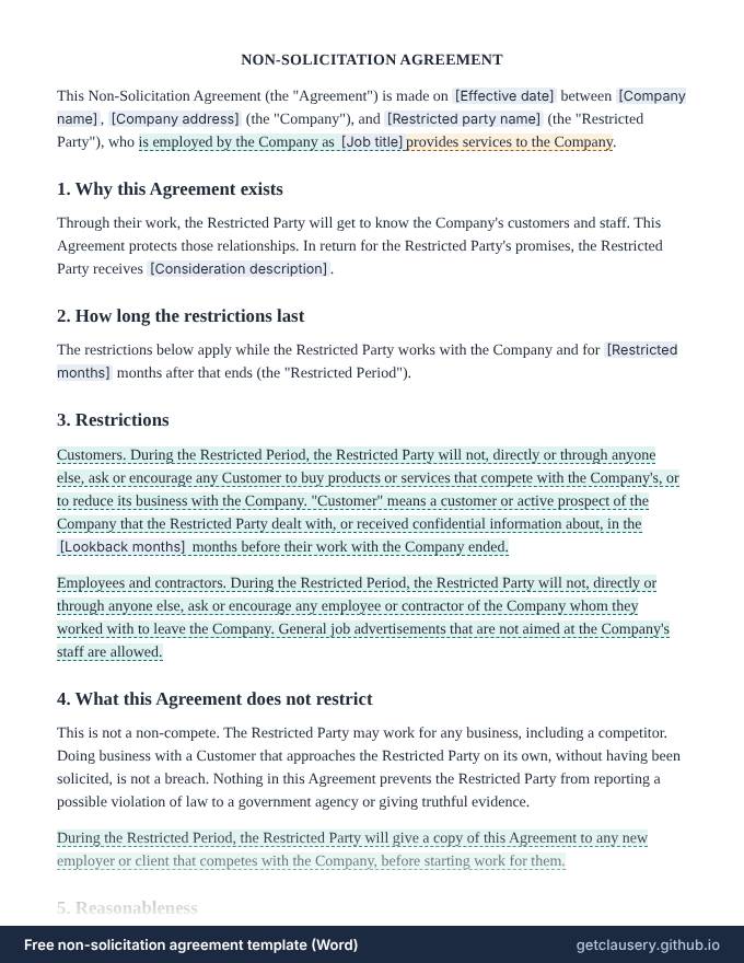 First page of the free non-solicitation agreement template for Word