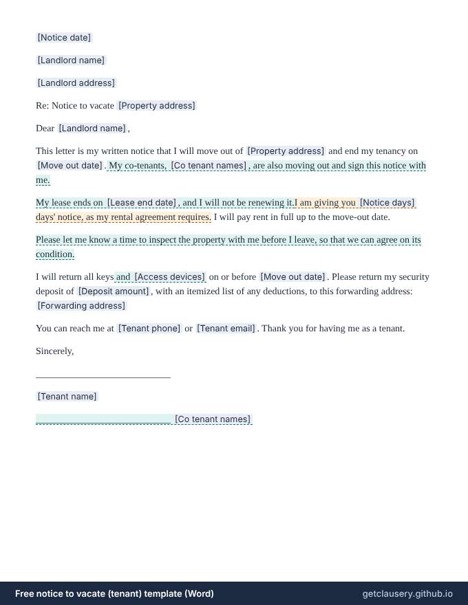 First page of the free notice to vacate (tenant) template for Word