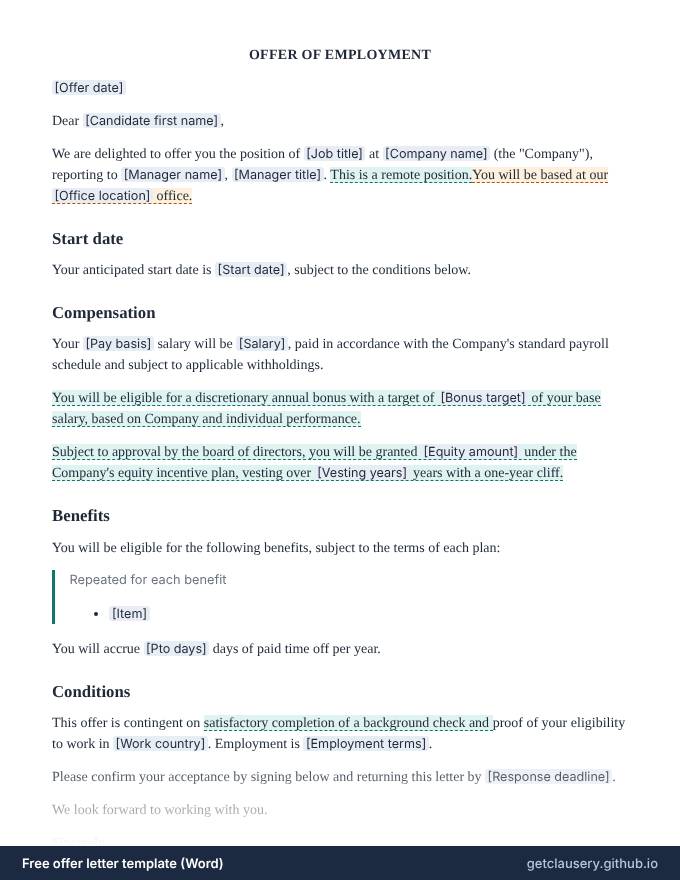 First page of the free offer letter template for Word