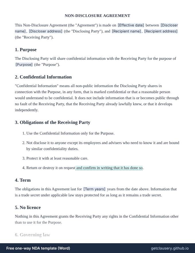 First page of the free one-way NDA template for Word