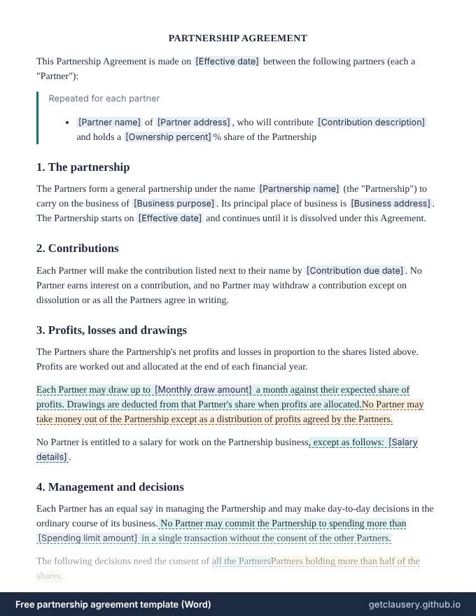 First page of the free partnership agreement template for Word