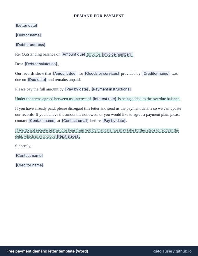 First page of the free payment demand letter template for Word