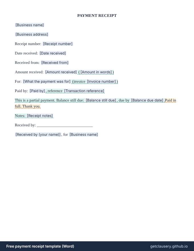 First page of the free payment receipt template for Word